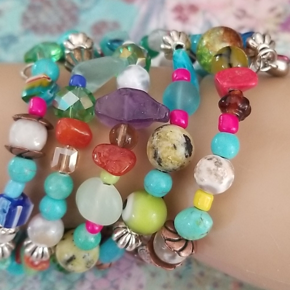 NWT Hand Crafted Semi Precious  Stone Glass Vintage Bead Wrap Bracelet - Picture 14 of 16